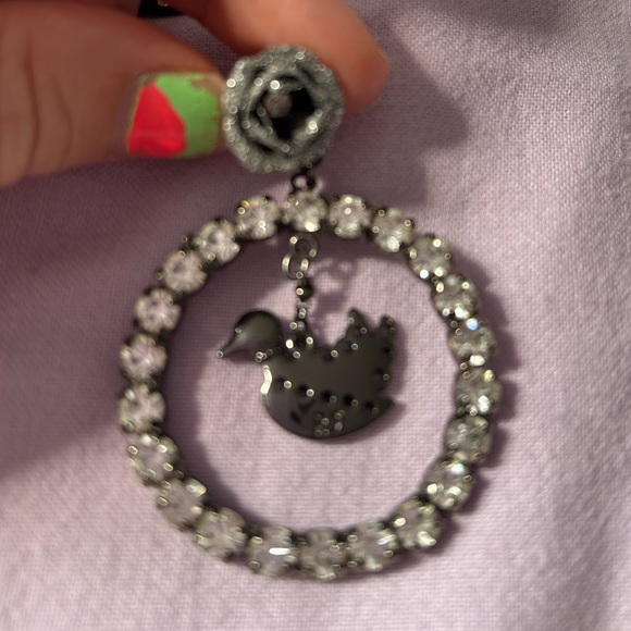 Betsey Johnson Rose Hoop Rhinestone Earrings with bird/duck - Picture 5 of 5